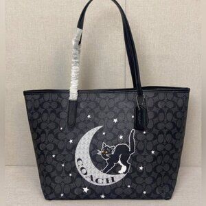 Coach City Tote Signature Canvas With Halloween Cat Graphic Black